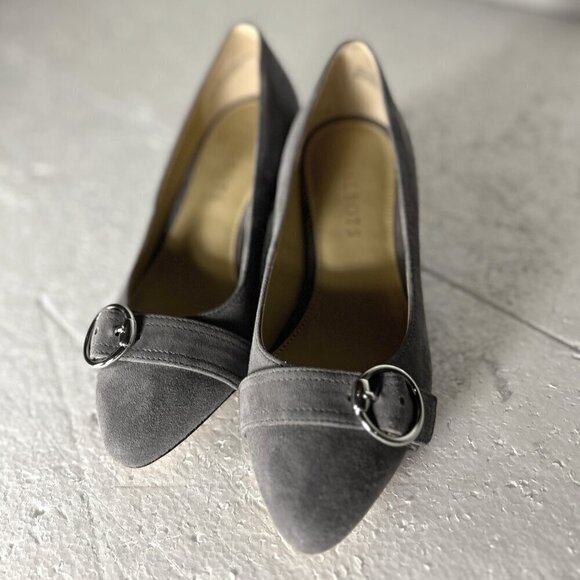 Talbots SZ 5 Laney Buckle Gray suede leather wedge shoe office dressy comfy - Picture 2 of 9